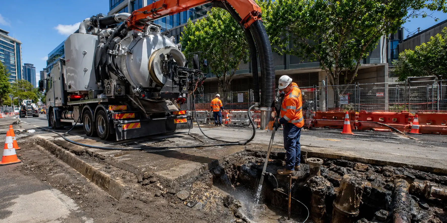 Hydro excavation near me Brisbane hydrovac truck working in urban site