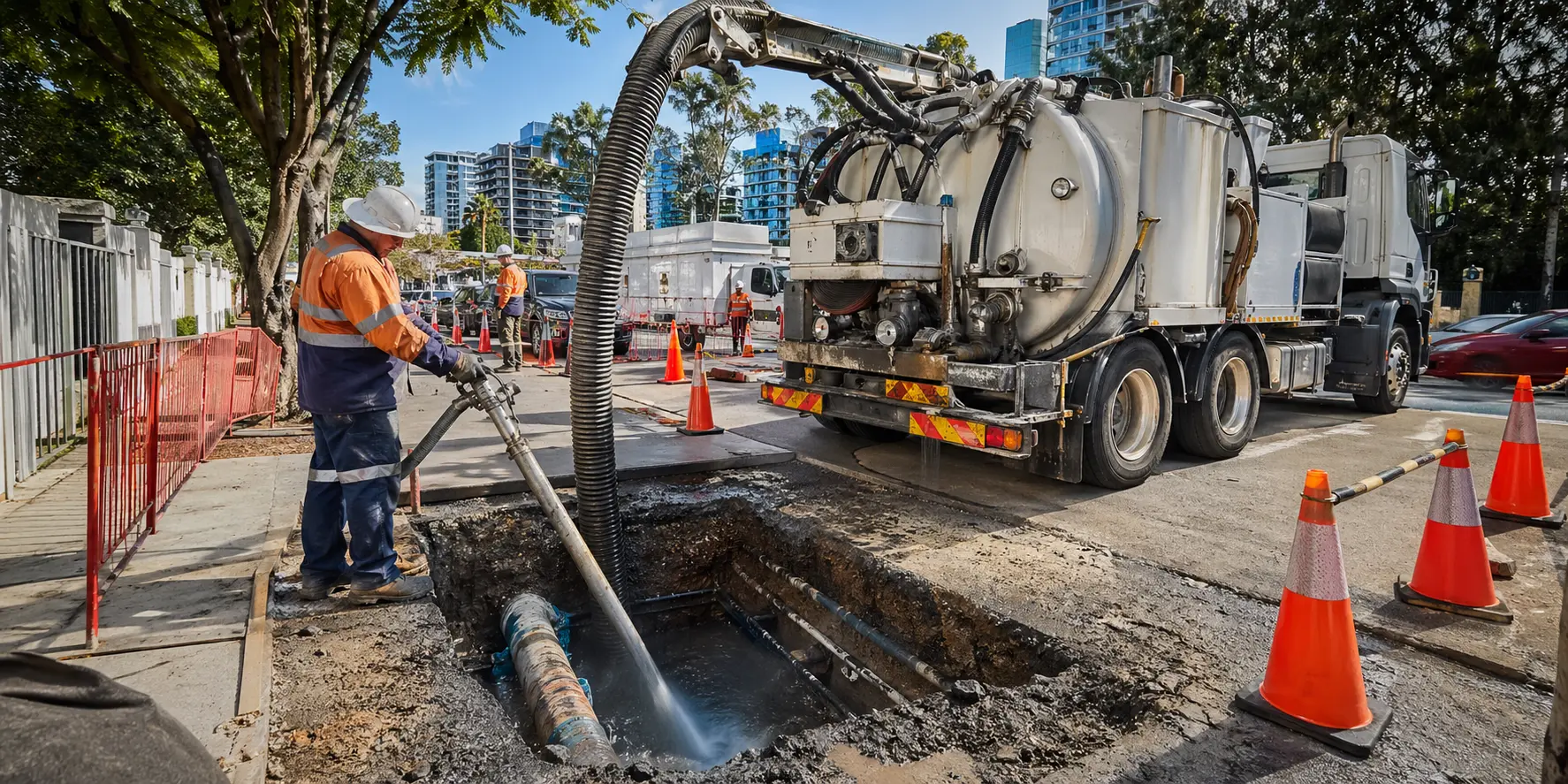 Vacuum excavation hire cost Brisbane hydrovac truck exposing underground utilities