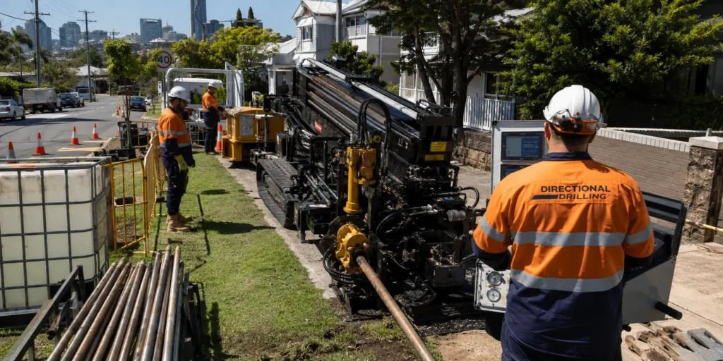 Directional drilling Brisbane crew installing underground conduit with trenchless drilling equipment