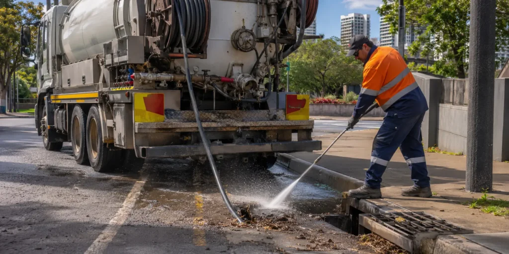 Drain cleaning Brisbane high-pressure jetting truck clearing blocked stormwater drain