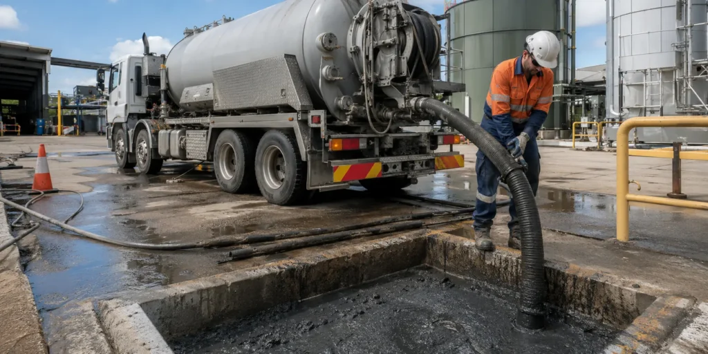 Liquid waste removal Brisbane vacuum truck removing sludge and wastewater from industrial site