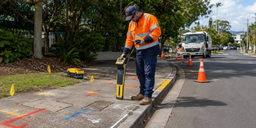 Service locating Brisbane technician marking underground utilities before excavation