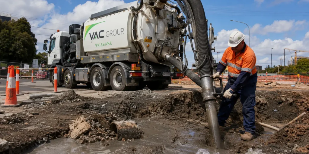 Vacuum truck hire Brisbane vac truck with operator removing slurry from civil construction site